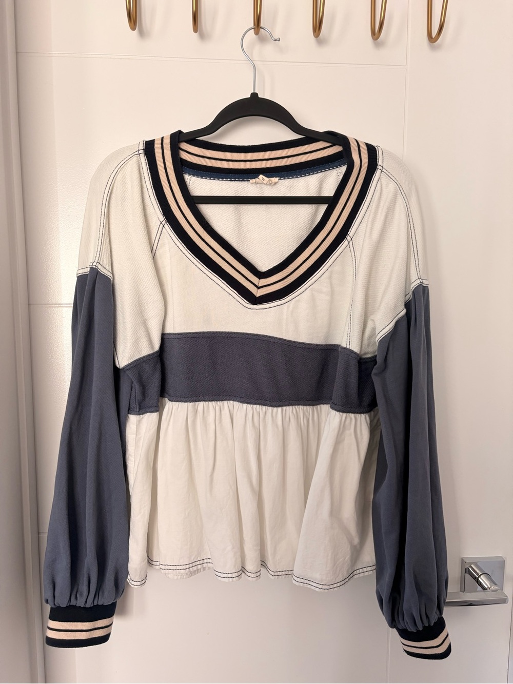 Pilcro Cream and Slate Blue V-Neck Peplum Pullover